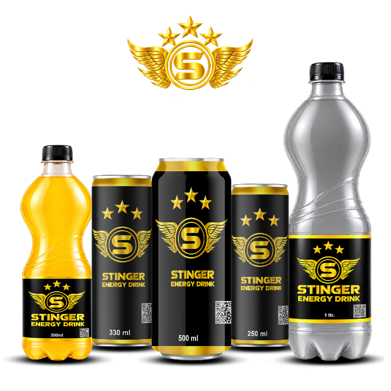 STINGER energy drink range in 250 ml, 330 ml and 500 ml cans plus 500 ml and 1 L bottles with black and gold branding.